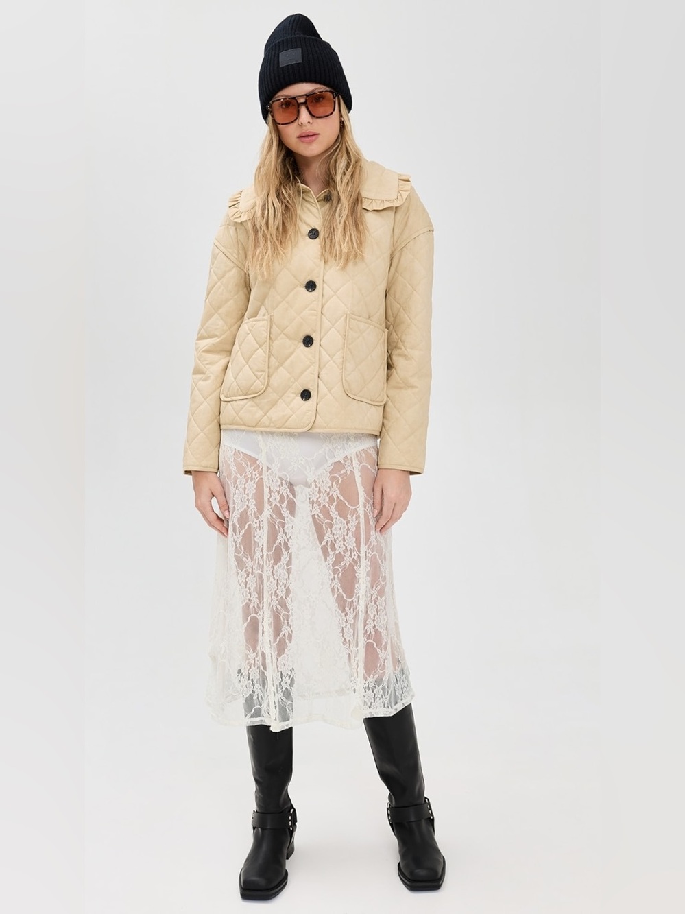 Avec Les Filles Ruffled Collar Quilted Jacket (Price Firm)